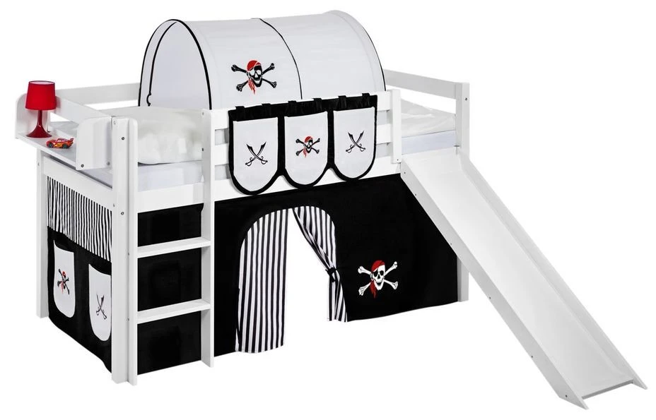 Lit Mezzanine Blanc Avec Toboggan Et Rideau Noir Pirate 90x190 Cm 3 Lit Mezzanine Blanc Avec Toboggan Et Rideau Noir Pirate 90x190 Cm