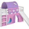 Lit Mezzanine Blanc Avec Toboggan Et Rideau Rose Clair Disney Reine Des Neiges 90x190 Cm