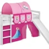 Lit Mezzanine Blanc Avec Toboggan Et Rideau Rose Disney Reine Des Neiges 90x190 Cm