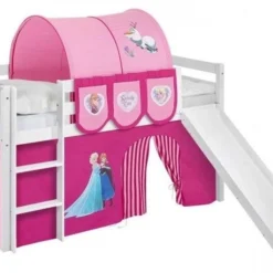 Lit Mezzanine Blanc Avec Toboggan Et Rideau Rose Disney Reine Des Neiges 90x190 Cm