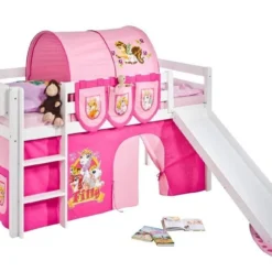 Lit Mezzanine Blanc Avec Toboggan Et Rideau Rose Filly 90x190 Cm