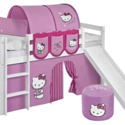 Lit Mezzanine Blanc Avec Toboggan Et Rideau Rose Hello Kitty 90x190 Cm
