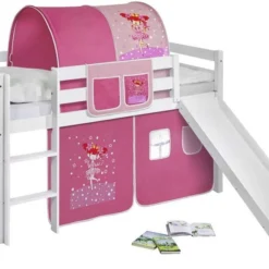 Lit Mezzanine Blanc Avec Toboggan Et Rideau Rose Petite Fée 90x190 Cm