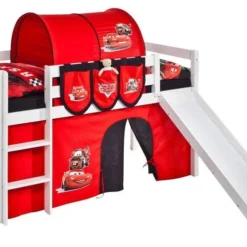 Lit Mezzanine Blanc Avec Toboggan Et Rideau Rouge Disney Cars 90x190 Cm