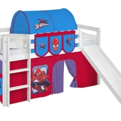 Lit Mezzanine Blanc Avec Toboggan Et Rideau Spiderman 90x190 Cm