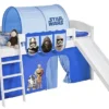 Lit Mezzanine Blanc Avec Toboggan Et Rideau Star Wars Bleu 90x190 Cm