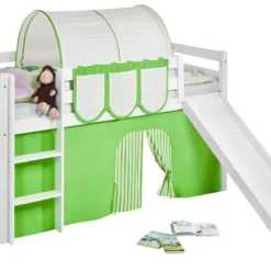 Lit Mezzanine Blanc Avec Toboggan Et Rideau Vert Et Beige Dorie 90x190 Cm