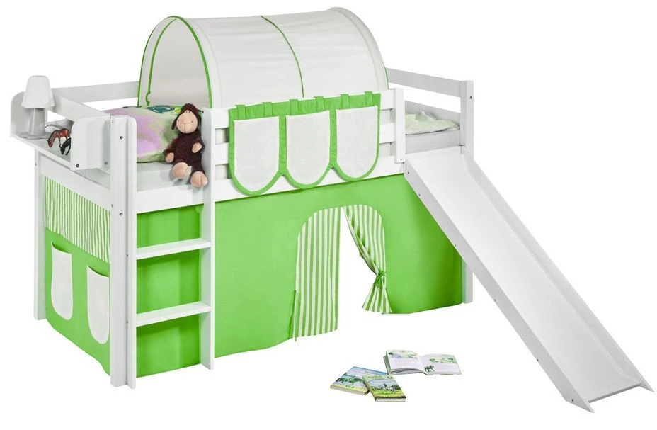 Lit Mezzanine Blanc Avec Toboggan Et Rideau Vert Et Beige Dorie 90x190 Cm 3 Lit Mezzanine Blanc Avec Toboggan Et Rideau Vert Et Beige Dorie 90x190 Cm