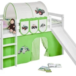 Lit Mezzanine Blanc Avec Toboggan Et Rideau Vert Tracteur 90x190 Cm