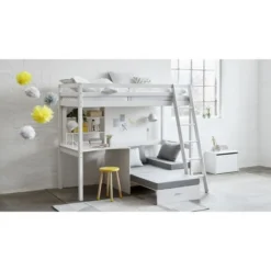 Lit Mezzanine Combiné - Bois Massif - Blanc - Sommier Inclus - 90x 200 Cm