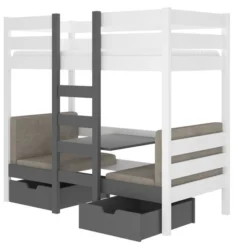 Lit Mezzanine Et Superposé 2 Couchages Avec 2 Tiroirs De Rangement Blanc Et Gris Graphite 90x200 Cm Sulutia