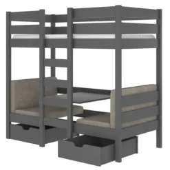Lit Mezzanine Et Superposé 2 Couchages Avec 2 Tiroirs De Rangement Gris Graphite 90x200 Cm Sulutia
