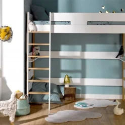 Lit Mezzanine Haut 90x190 Cm Blanc Et Hêtre Massif Clair Scandi