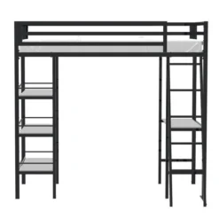 Lit Mezzanine Métallique Avec Rangements Et Bureau Intégré - Noir - Sommier Inclus - 90 X 190 Cm - MANDY