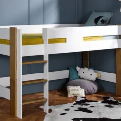 Lit Mezzanine Mi-hauteur 90x190 Cm Blanc Et Hêtre Massif Clair Scandi -Repose Lit Soldes Boutique lit mezzanine mi hauteur 90x190 cm blanc et hetre massif clair scandi 3700429611869 654710