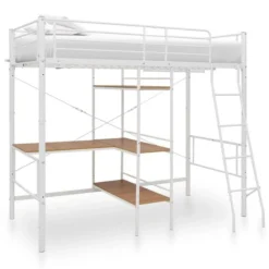Lit Mezzanine Rmétal Blanc Avec Bureau Bois Naturel Kozty 90x200 Cm