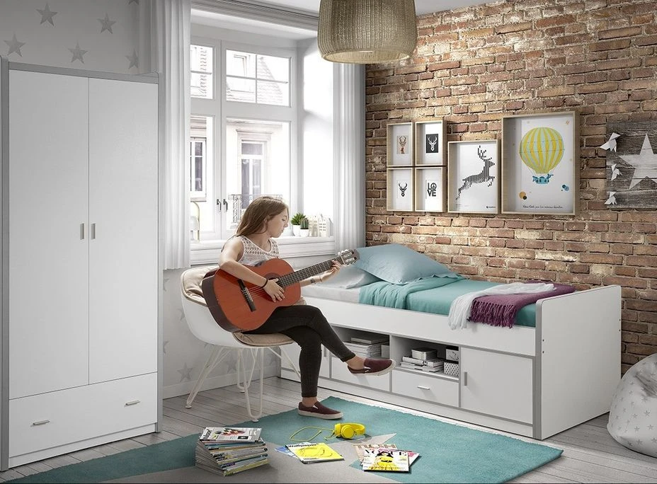 Lit Multi-rangement 90x200 Cm Avec Sommier Bois Blanc Bonny 4 Lit Multi-rangement 90x200 Cm Avec Sommier Bois Blanc Bonny – Image 2