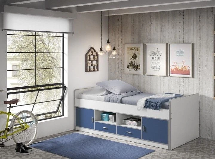 Lit Multi-rangement 90x200 Cm Avec Sommier Bois Blanc Et Bleu Bonny 4 Lit Multi-rangement 90x200 Cm Avec Sommier Bois Blanc Et Bleu Bonny – Image 2