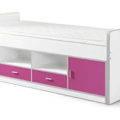 Lit Multi-rangement 90x200 Cm Avec Sommier Bois Blanc Et Fuchsia Bonny