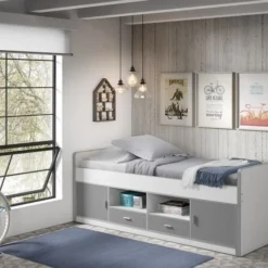 Lit Multi-rangement 90x200 Cm Avec Sommier Bois Blanc Et Gris Bonny -Repose Lit Soldes Boutique lit multi rangement 90x200 cm avec sommier bois blanc et gris bonny 5420070225144 692810