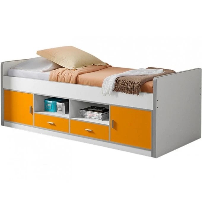 Lit Multi-rangement 90x200 Cm Avec Sommier Bois Blanc Et Orange Bonny 5 Lit Multi-rangement 90x200 Cm Avec Sommier Bois Blanc Et Orange Bonny – Image 3