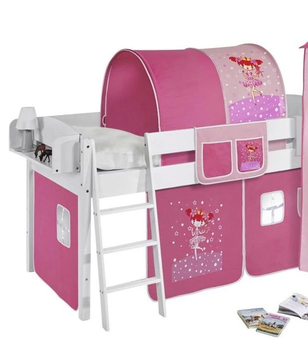 Lit Surélevé Blanc Laqué Rideau Bleu 90x190cm 5 Lit Surélevé Blanc Laqué Rideau Bleu 90x190cm – Image 3