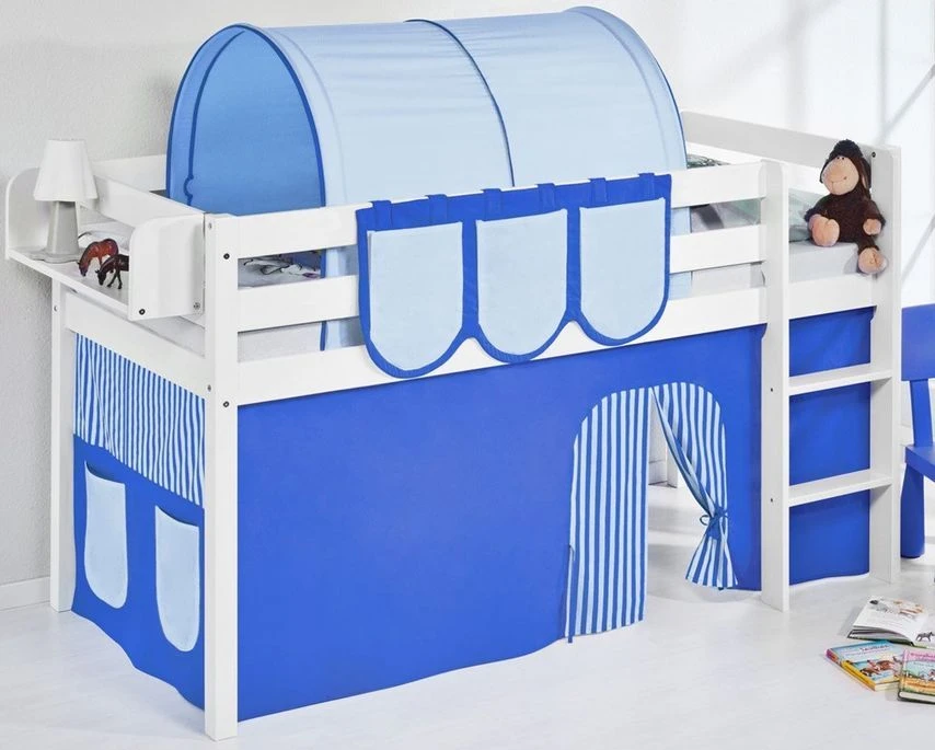 Lit Surélevé Blanc Laqué Rideau Bleu 90x190cm 3 Lit Surélevé Blanc Laqué Rideau Bleu 90x190cm