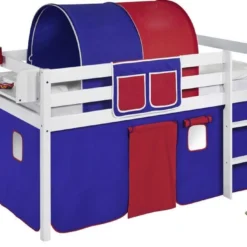 Lit Surélevé Blanc Laqué Rideau Bleu Et Rouge 90x190cm