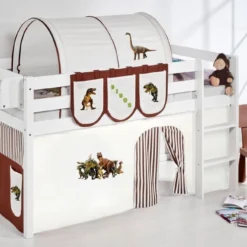 Lit Surélevé Blanc Laqué Rideau Dinosaures 90x190cm -Repose Lit Soldes Boutique lit sureleve blanc laque rideau dinosaures 90x190cm 74594