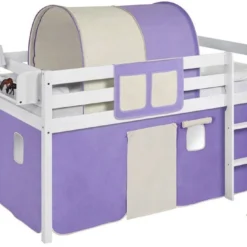 Repose Lit Soldes Boutique 14 Lit Surélevé Blanc Laqué Rideau Lilas Et Beige 90x190cm