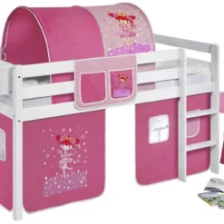 Lit Surélevé Blanc Laqué Rideau Petite Fée Rose 90x190cm