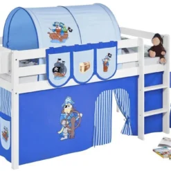 Lit Surélevé Blanc Laqué Rideau Pirate Bleu 90x190cm