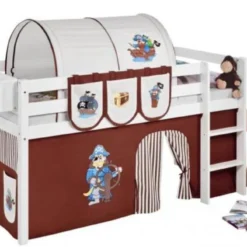 Lit Surélevé Blanc Laqué Rideau Pirate Marron 90x190cm