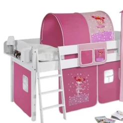 Lit Surélevé Blanc Laqué Rideau Rose 90x190cm -Repose Lit Soldes Boutique lit sureleve blanc laque rideau rose 90x190cm 109882