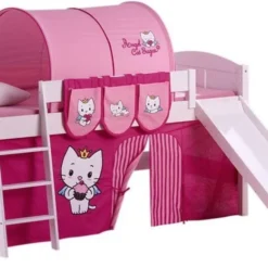 Lit Surélevé Blanc Laqué Toboggan IDA - Rideau Angel Cat