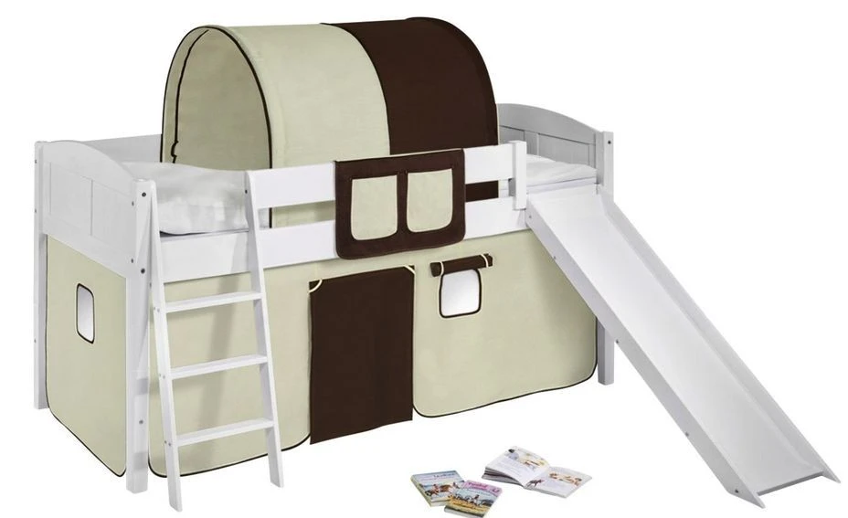 Lit Surélevé Blanc Laqué Toboggan IDA - Rideau Beige Et Marron 3 Lit Surélevé Blanc Laqué Toboggan IDA - Rideau Beige Et Marron