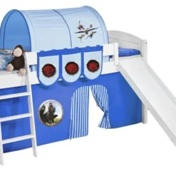 Lit Surélevé Blanc Laqué Toboggan IDA - Rideau Dragons Bleu