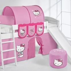 Lit Surélevé Blanc Laqué Toboggan IDA - Rideau Hello Kitty
