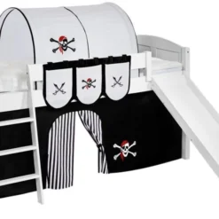 Lit Surélevé Blanc Laqué Toboggan IDA- Rideau Pirate Noir