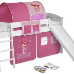 Lit Surélevé Blanc Laqué Toboggan IDA - Rideau Rose Fée