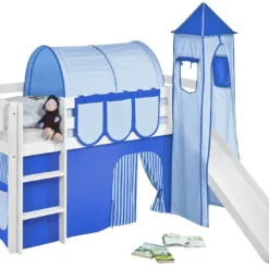 Lit Surélevé Blanc Laqué Toboggan - Rideau Et Tour Bleu Clair