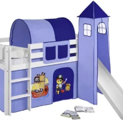 Lit Surélevé Blanc Laqué Toboggan - Rideau Et Tour Pirate Bleu