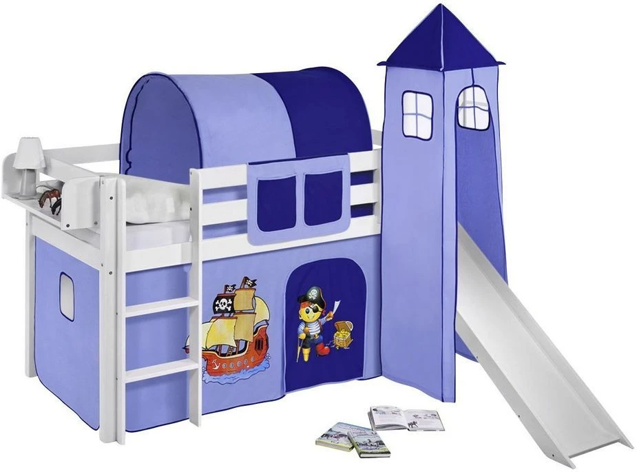 Lit Surélevé Blanc Laqué Toboggan - Rideau Et Tour Pirate Bleu 3 Lit Surélevé Blanc Laqué Toboggan - Rideau Et Tour Pirate Bleu