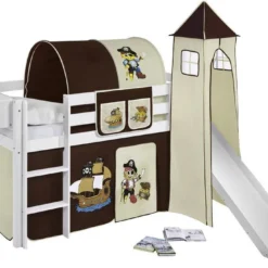 Lit Surélevé Blanc Laqué Toboggan - Rideau Et Tour Pirate Marron