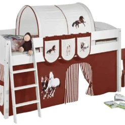 Lit Surélevé Blanc Rideau Beige Et Marron Chevaux Milo 90x200cm