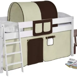 Lit Surélevé Blanc Rideau Beige Et Marron Milo 90x200cm