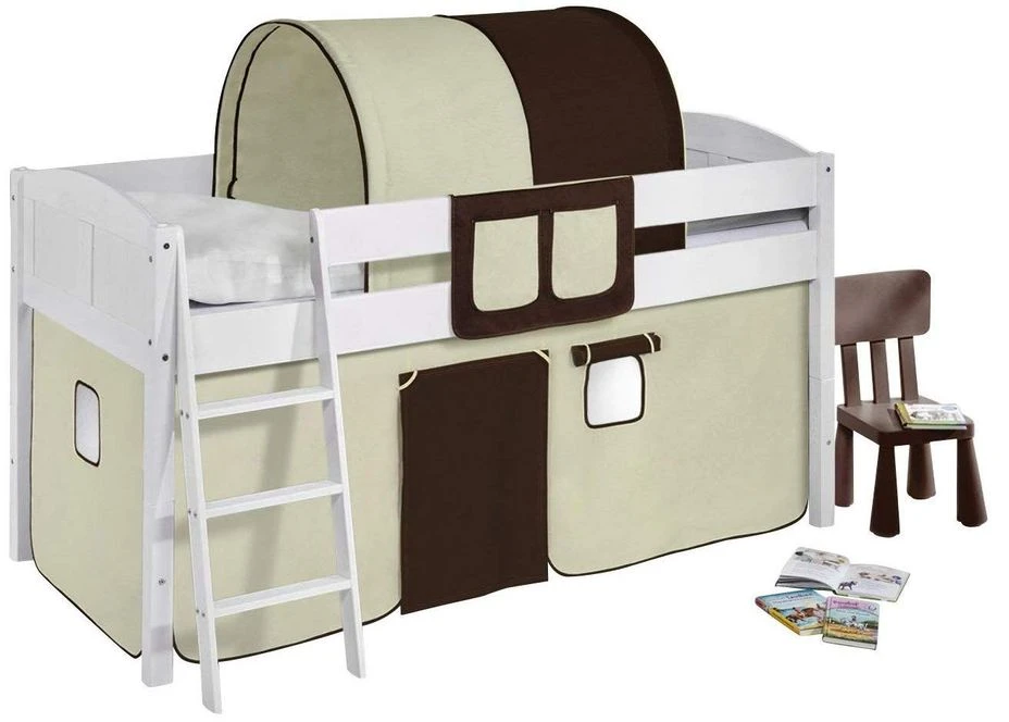 Lit Surélevé Blanc Rideau Beige Et Marron Milo 90x200cm 3 Lit Surélevé Blanc Rideau Beige Et Marron Milo 90x200cm