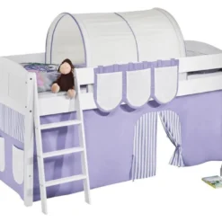 Lit Surélevé Blanc Rideau Beige Et Parme Dorie 90x200cm