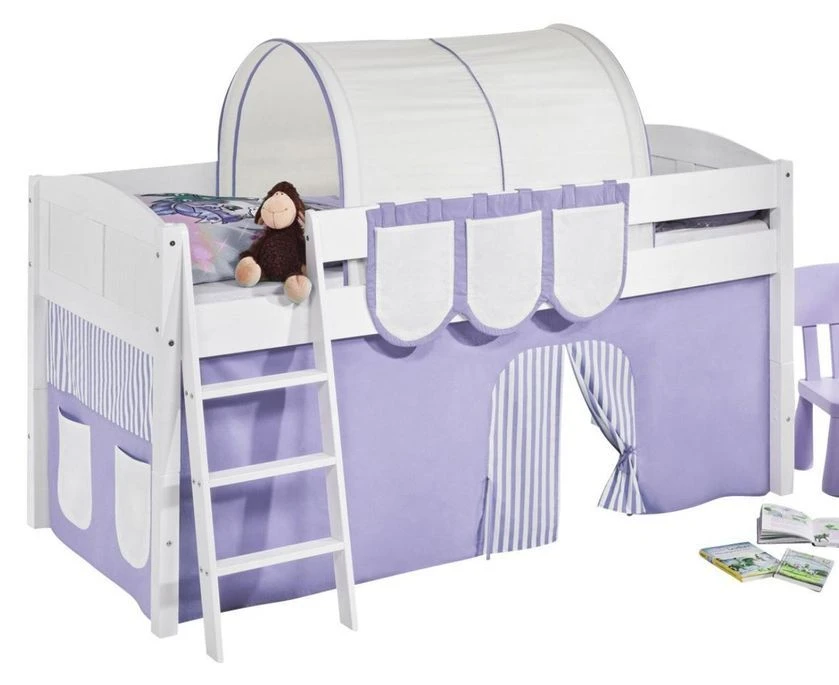 Lit Surélevé Blanc Rideau Beige Et Parme Dorie 90x200cm 3 Lit Surélevé Blanc Rideau Beige Et Parme Dorie 90x200cm