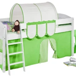 Lit Surélevé Blanc Rideau Beige Et Vert Kipo 90x200cm